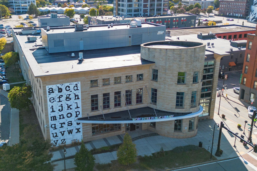 Exterior of the Main Library, points to locations page.
