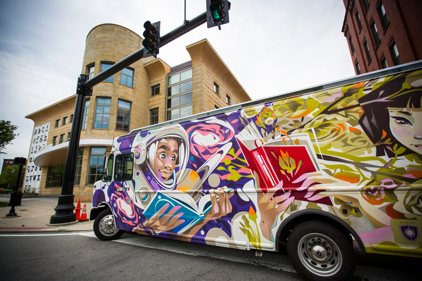 Libby Bookmobile outside the Worcester Public Library.