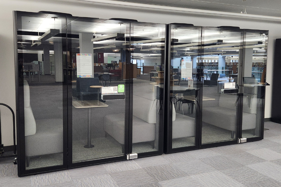 Exterior of study pods, points to study pod page.