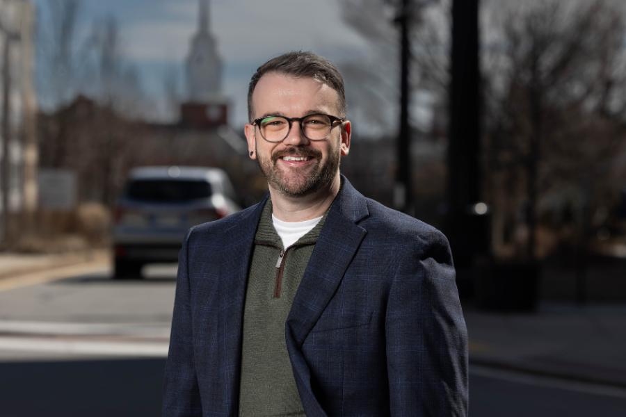 Jason Homer, executive director of the Worcester Public Library in front of the library.