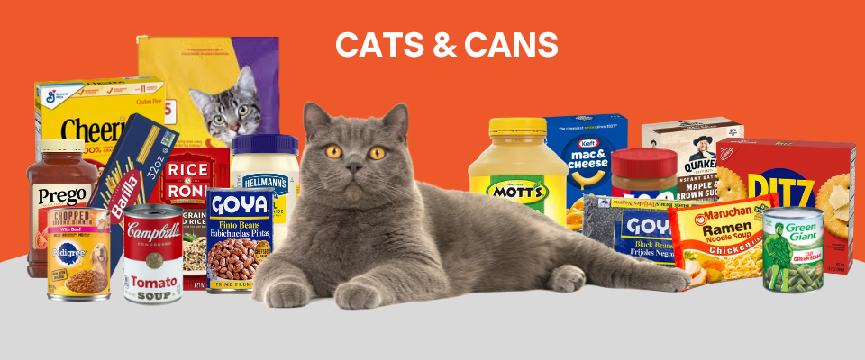 Picture of cat surrounded by canned goods.